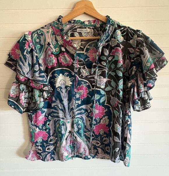 Maria Cher Tops - Maria Cher Ruffle Flutter Sleeve Floral Print Cotton-Silk Blend Blouse